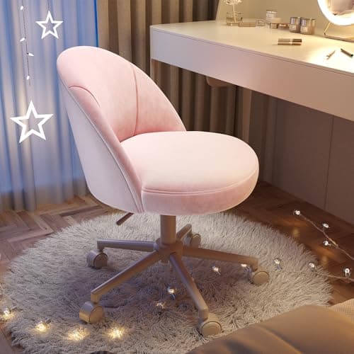 EnHomee Vanity Chair with Wheels, Pink Desk Chair with Back, Small Office Chair Armless for Makeup Room, Bedroom, Home Office