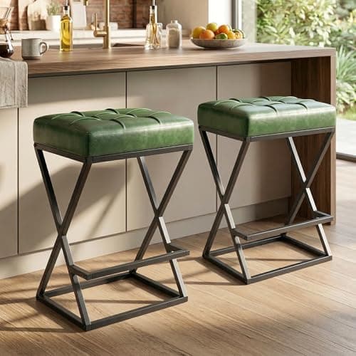 VATROS 26" Bar Stools Set of 2, Counter Height Backless Bar Stools with Upholstered Leather Seat, X-Frame Metal Stability with Footrest for Kitchen Islands, Green