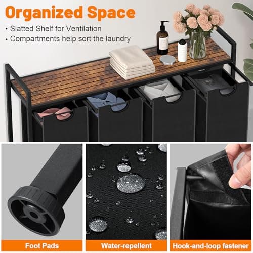 Sonharlar Laundry Hamper, Laundry Sorter with 4 Pull-Out Removable Oxford Fabric Bags Cloth Laundry Basket 4 x 10 Gallons (Black and Rustic Brown) 6
