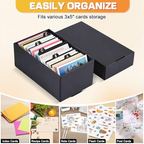 4Pack 3x5 Index Card Holder, Hold 4000 Cards Index Card Box, Flash Card Holder with 112 Card Dividers Black 3x5 Index Cards Case Note Card Organizer Index Card Storage Box for 3''x5'' Notecard Recipe 5