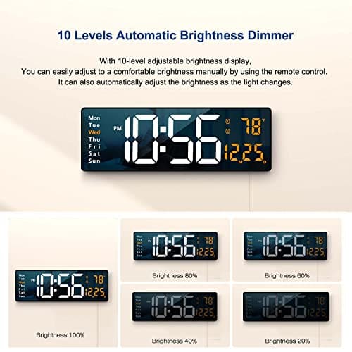 Digital Wall Clock Large Display, 16.2 Inch , LED Digital Clock with Remote Control for Living Room Decor, Automatic Brightness Dimmer with Date Week Temperature (Orange) 5