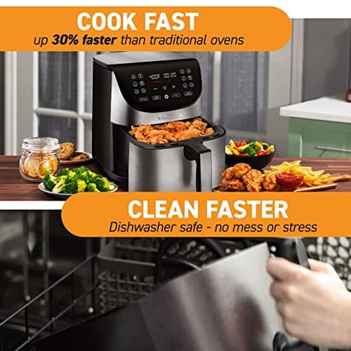 Gourmia Air Fryer Oven Digital Display 7 Quart Large AirFryer Cooker 12 Touch Cooking Presets, XL Air Fryer Basket 1700w Power Multifunction GAF778 Black and stainless steel air fryer FryForce 360° 7