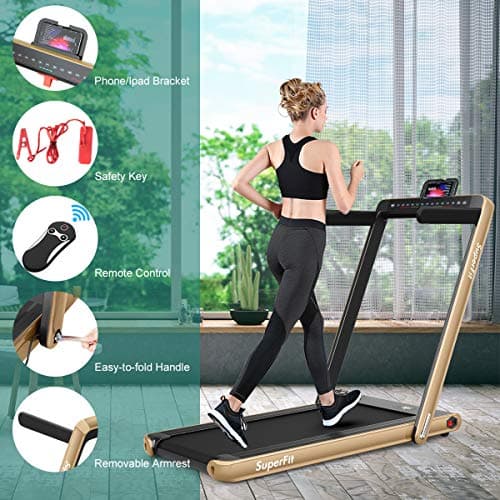 GYMAX Walking Pad, 2.25HP Dual Display Foldable Treadmill for Home with Remote/Smart App Control, Portable Compact Treadmill for Office Under Desk, Folding Running Machine for Small Spaces (Gold) 5