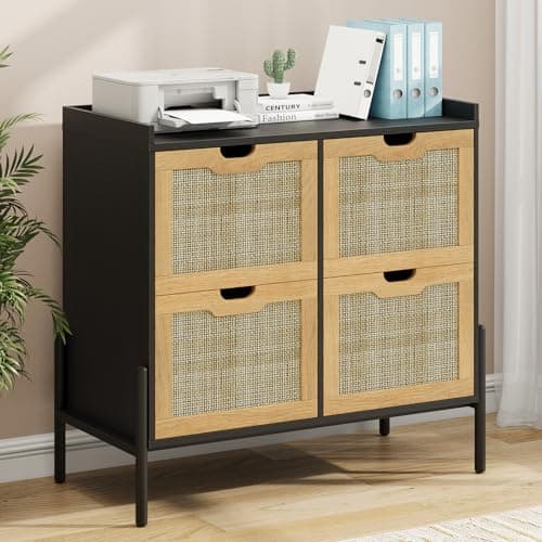 4 Drawer File Cabinet, Lateral Filing Cabinet for Home Office Rattan Storage Printer Stand with Adjustable Hanging File Drawers Fits A4/Letter Size