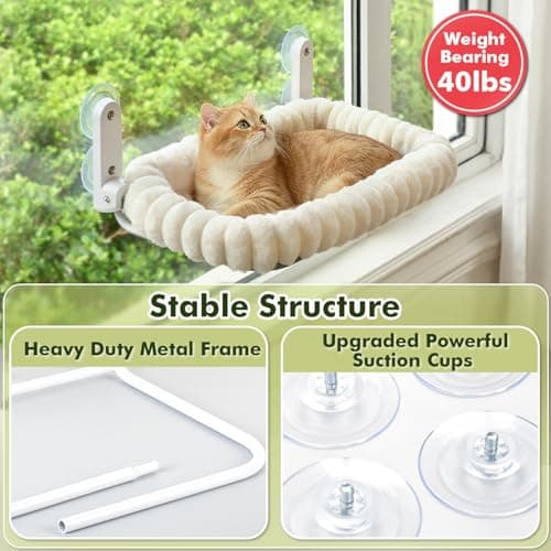 Zoratoo Cat Window Perch with Bolster, Cordless Foldable Cat Window Hammock with Strong Suction Cups & Metal Frame, Machine Washable Pet Bed for Indoor Cats (White, Medium) 9