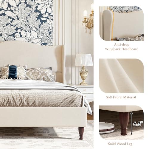 koorlian King Size Bed Frame Upholstered Platform Bed with 51" Tall Headboard Wingback, Soft Fabric, Retro Simple Style Platform Bed No Box Spring Needed, Easy Assembly, Beige 6