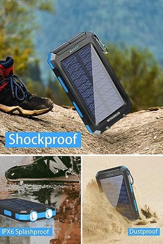 WONGKUO Solar Charger Power Bank - 36800mAh Solar Phone Charger, QC3.0 Fast Charger with LED Flashlight, IP65 Waterproof Portable Power Bank for Outdoor Activities (Blue) 6