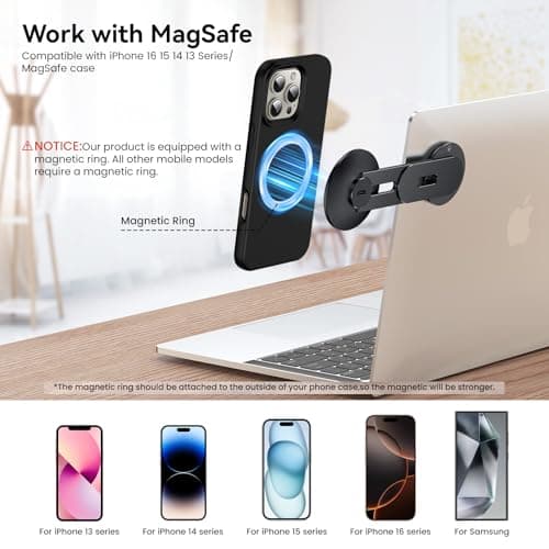 MAGDIGITEH Laptop Phone Holder, Magnetic Phone Stand 15W Fast Wireless Charger for MagSafe for iPhone 17/16/15/14/13/12 & All Phones for Tesla (Black) 5