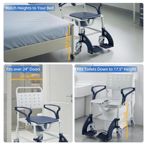 Soaids 4-in-1 Rolling Shower Chair with Wheels for Elderly & Disabled Adults, Padded Toilet Chair, Bedside Commode, Transport Wheelchair with Locking Caster for Bathroom, Home Care (Navy Blue) 6