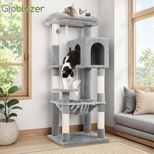 Globlazer Cat Tree Tower with Scratching Post for Indoor Cats, 53inch Tall Plush Multi-Level Cat Climbing Tower Condo House with Large Hammock, Spacious Cat Cave, Padded Top Perch Bed, F53, Light Gray 7