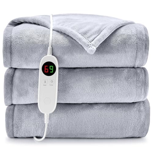 HYLEORY Heated Electric Blanket Throw 50" x 60" Soft Warm Flannel with 6 Heating Levels & 9 Hours Timer Auto Shutt Off, Heating Blanket for Full Body - Light Grey