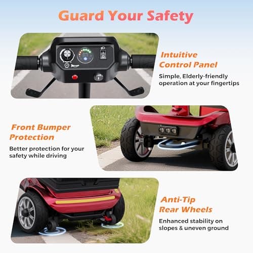 4 Wheel Mobility Scooter for Adults - Foldable Motorized Scooters 330 lb Capacity with Removable Battery, Dual Basket, Phone & Cup Holder, Red 7