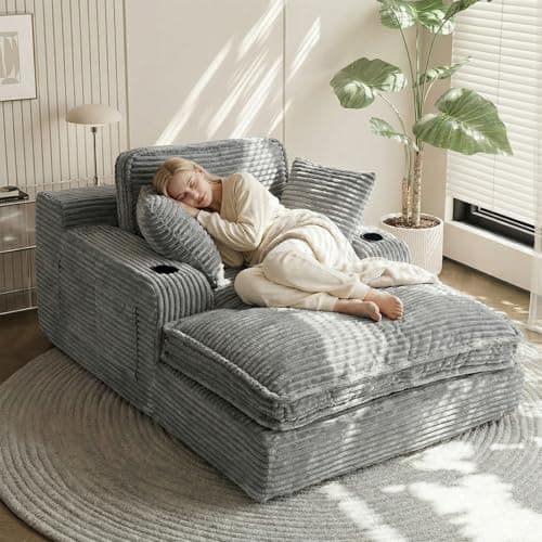 67" Oversized Chaise Lounge Chair Indoor, Soft Boneless Cloud Couch with 3 Pillows, 4 Side Pockets and 2 Cup Holders, Comfy Corduroy Sleeper Couch for Living Room Bedroom