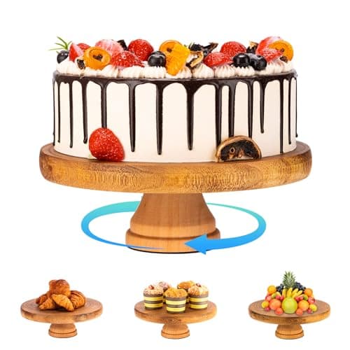 VIVIRBIEN Wood Cake Stand, 11in Rotating Cake Spinner Stand, Cake Plate Display Server Tray, Cake Holder Tray Turntable for Wedding, Kitchen, Birthday, Parties, Baking Gifts