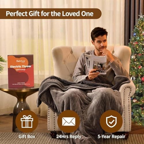 Bearhug Electric Blanket Twin Size, Fast Heating Heated Blanket, Over Heat Protect and ETC Certified Gray-Velvet & Sherpa, 62" × 84", Machine Washable 6