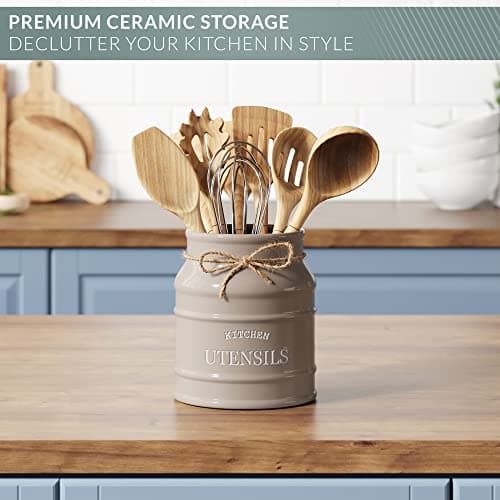 Barnyard Designs Ceramic Farmhouse Utensil Holder for Kitchen Counter, Large Rustic Utensil Crock, Countertop Cooking Tool Spatula Organizer, 6.75” (Taupe) 5