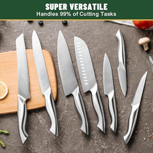 Knife Set, EWFEN 14-Piece Kitchen Knife Set with Block, German Stainless Steel Knives with Built-in Knife Sharpener, Anti-Slip Sharp Knives Set for Kitchen, Dishwasher Safe, Curved Handle 8