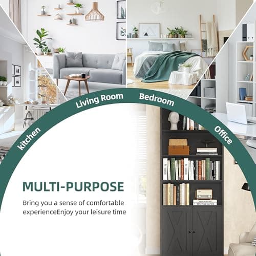 Shintenchi Bookshelf, Industrial Bookshelves and Bookcases with Doors Floor Standing 6 Shelf Display Storage Shelves 70.9 inches Tall Bookcase for Home Office, Living Room (Black) 8