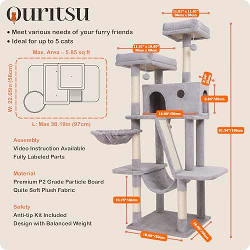 Ouritsu Cat Tree, 61 inch Tall Cat Tower for Large Cat Indoor, Enlarged Condo, 2 Padded Perches with 1 Widened, Large Hammock, Scratching Post and ramp, Fluffy Basket, Light Gray, LF002GA 6