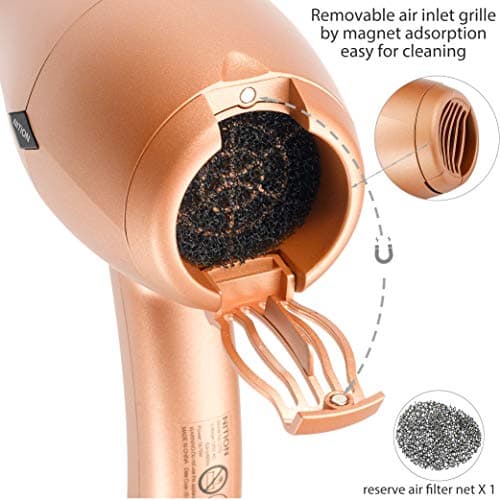 NITION Negative Ions Ceramic Hair Dryer with Diffuser(Large Size 5.3 inch) Attachment Ionic Blow Dryer Quick Drying,1875 Watt 2 Speed / 3 Heat Settings,Cool Shot Button,Lightweight,Gold 6