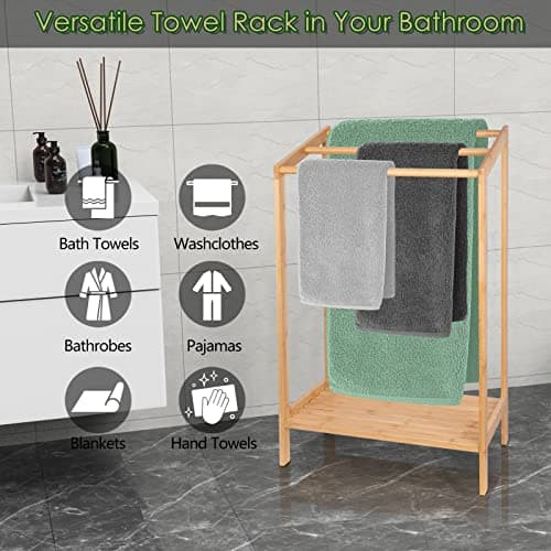Purbambo Bamboo Towel Rack for Bathroom, 3 Tier Freestanding Towel Holders with Bottom Storage Shelf for Hand Towel, Washcloth, Facecloth, Small Bath Towel and Bathrobe 2