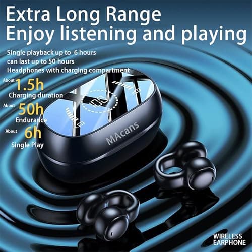 MAcnas Wireless Earbuds Open Ear Clip Headphones Air Conduction Earbuds LED Power Display Earphones Sport Bluetooth 5.3 Headphones (Black) 5