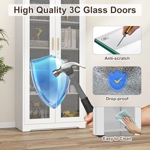 Curio Display Cabinet with Glass Doors,71”H Metal Display Case with 4 Adjustable Shelves, White China Storage Cabinet for Collectibles, Trophies & Liquor - Locking Tall Glass Cabinet for Home 7