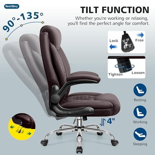 Office Chair, Executive Leather Office Chairs with Rocking Function, Big and Tall Ergonomic Computer Chair with Lumbar Support Flip-Up Armrests, Comfortable Gaming Chairs for Home Ofiice 8