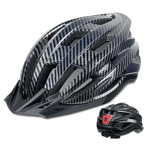 AISSTXOER Bike Helmet for Adult Men Women with Multi-Mode Rear LED Light, with Suggested Fit 56-62cm, Lightweight with Adjustable Dial, Side and Chin Strap, Carbon Black Shiny Surface