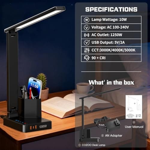 LED Desk Lamp with 3 USB Charging Ports 1 AC Outlet Small Table Lamp for Home Office/Bedroom/Study/College/Dorm Room Essentials, Foldable Reading Light w/Pen Holders for Craft/Artist/Puzzle/Nail/Task 6