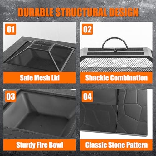 EcoNook 32 inch Fire Pit, Square Outdoor Fire Pit Table with Spark Screen & Fire Poker, 3-in-1 Multipurpose Firepits for Outside, Fireplace for Yard, Garden, Patio 5