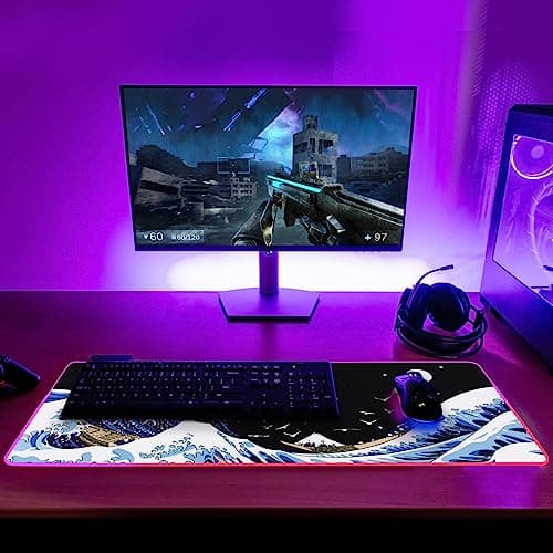 Gaming Laptop Mouse Pad,Sea Wave Big Mice Pads PC Keyboard Waterproof and Non-Slip 31.5 x 11.9 0.12" Thick XL,XXL Rubber Table Mat, RGB Led with 10 Lighting Modes+9 Color Changing Modes Mat 7
