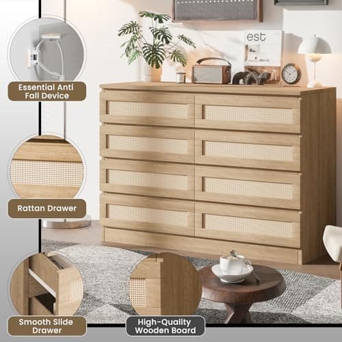 Patikuin 8 Drawer Double Dresser for Bedroom, Rattan Chest of Dressers, Modern Wooden Dresser Chest, Beside Table for Closet, Nursery, Living Room and Entryway, Natural 5