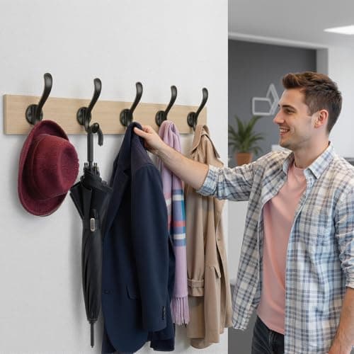 PEOIAOY 6 Pack Coat Hooks Wall Mount Heavy Duty Utility Retro Double Hooks for Hanging Coats,Hat, Towel, Key, Robe, Scarf, Bag, Cap (Black) 7