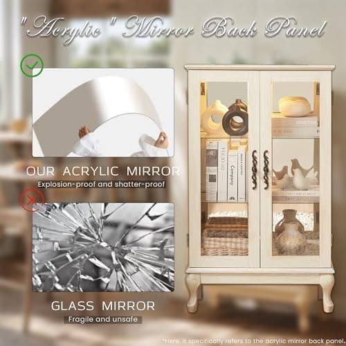 44" Small Lighted Glass Accent Curio Cabinet, Vintage China Cage with 2 Tempered Glass Doors & Adjustable Shelves, Acrylic Pane, Elegant Wine Artwork Showcase Rack for Living Room (Antique White) 5