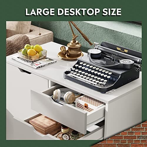 DEVAISE 5-Drawer Wood Drawer Cabinet, Office Storage Cabinet with Adjustable Shelf & Wheels, Printer Stand for Home Office, White 8