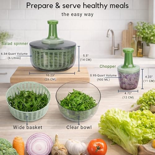 Brieftons Salad Spinner and Chopper: Large 6.3-Quart Lettuce Greens Vegetable Washer Dryer, with Bonus 0.95-Quart Veggie Chopper Mixer, Compact Storage, Easy Push Operation for Quick Veggie Prepping 6