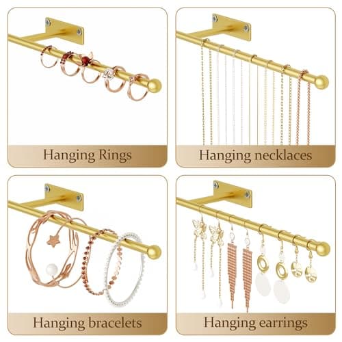Josmimic Wall Hanging Jewelry Organizer: 12.6'' Necklace Holder for Earring, Bracelet, Rings, Hairband, Glasses, Gold 2-Pack, Screws Included 5