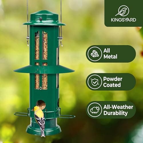 Kingsyard Squirrel Proof Bird Feeders with Weight-Activated Perches, Metal Wild Bird Feeder for Outdoors Hanging, 3 lb Large Seed Capacity, Green 7