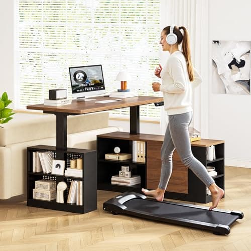 UPOSOJA L Shaped Standing Desk Adjustable Height, 53" Electric Office Desk with File Drawers & Storage Shelves, Sit Stand Corner Computer Desk with Power Outlets, Pegboard, 6 Hooks, Black & Walnut 8