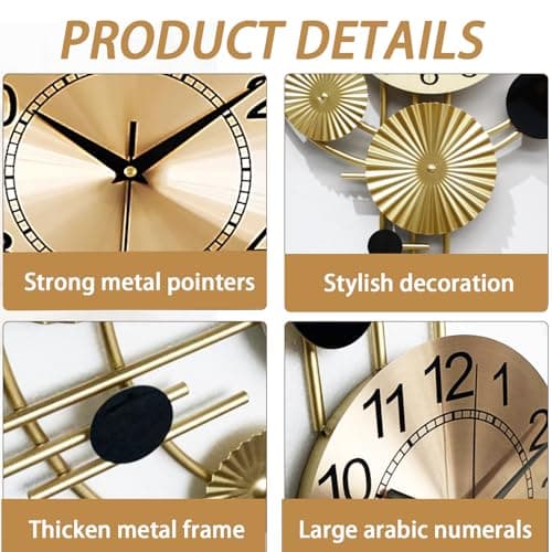 Gilacco Large Wall Clocks for Living Room,Silent Non Ticking,Battery Operated Oversized Round Modern Wall Clock for Bedroom,Farmhouse,Office Wall Decor-17.8x30.7Inch(Golden) 5