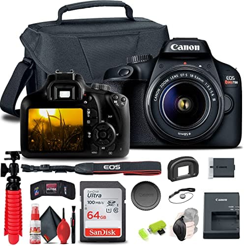 Canon EOS 4000D / Rebel T100 DSLR Camera with 18-55mm Lens + 64GB Memory Card + Case + Card Reader + Flex Tripod + Hand Strap + Cap Keeper + Memory Wallet + Cleaning Kit