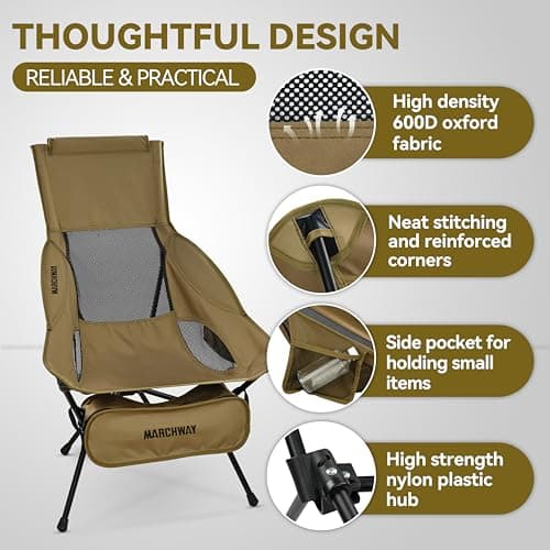MARCHWAY Lightweight Folding High Back Camping Chair with Head Support, Stable Portable Compact for Outdoor Camp, Travel, Beach, Picnic, Festival, Hiking, Backpacking (Highback Khaki) 5