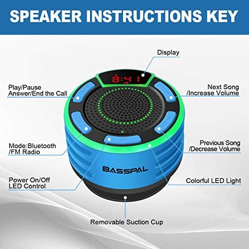 BassPal IPX7 Waterproof Speaker, Bluetooth Portable Wireless Shower Speakers with LED Display, FM Radio, Suction Cup, Light Show, TWS, Loud Stereo Sound for Pool Beach Home Party Travel Outdoors 6