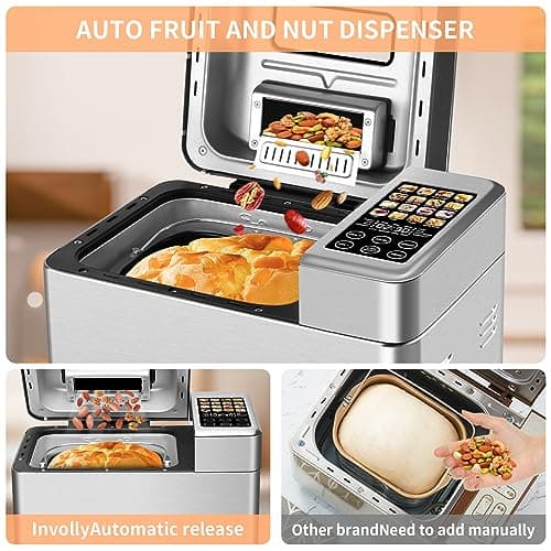 SEEDEEM 16 in 1 Bread Machine, 2.2LB Stainless Steel Bread Maker with Fruit and Nut Dispenser, Nonstick Ceramic Pan, 3 Crust Colors, 3 Loaf Sizes & Touch Panel Recipes, Silver 6