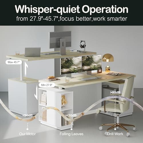 ModernMate 70" Standing Executive Desk with Privacy Panel, Large One-Piece Electric Height Adjustable Stand Up Desk with Charging Station, File Cabinet Storage, Home and Office, Light Wood 6