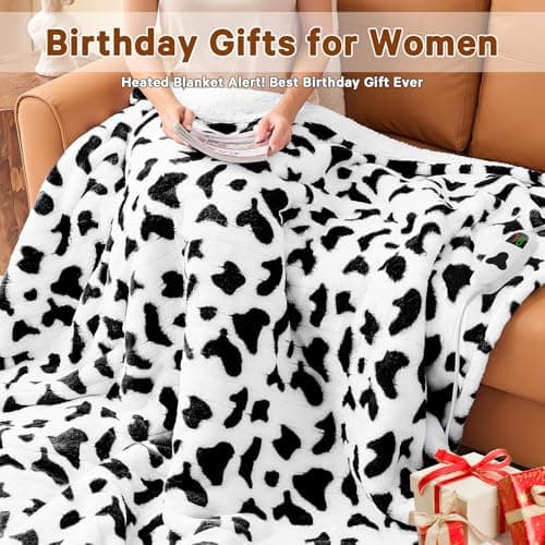 Black Heated Electric Blanket Throw,50X60 Cow Print Heating Blanket with 10 Heats Levels & 8 Hours Auto Off,Cute Cow Decor Stuff Soft Fleece Sherpa Blankets Warmer Gifts for Women Washable 7