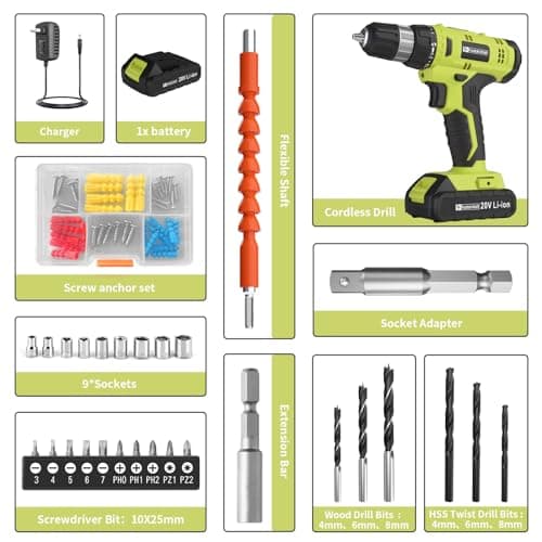 FADAKWALT Cordless Drill Set, 20V Electric Power Drill with Battery And Charger, Torque 30N, 21+1 Torque Setting, 3/8-Inch Keyless Chuck, Drill Driver Bits Kit, with LED 6
