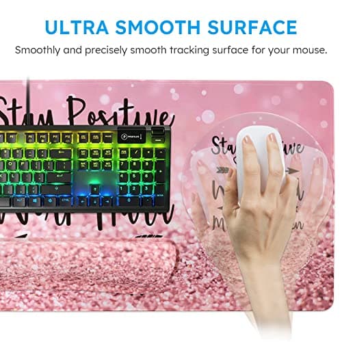 iCasso Mouse Pad,Large Pink Desk Mat Set, 4in1 XXL Mousepad + Keyboard Wrist Rest+Mouse Wrist Rest+Coaster with Ergonomic Desk Pad for Home Office Table Computer Cover -Pink Stay Positive 5
