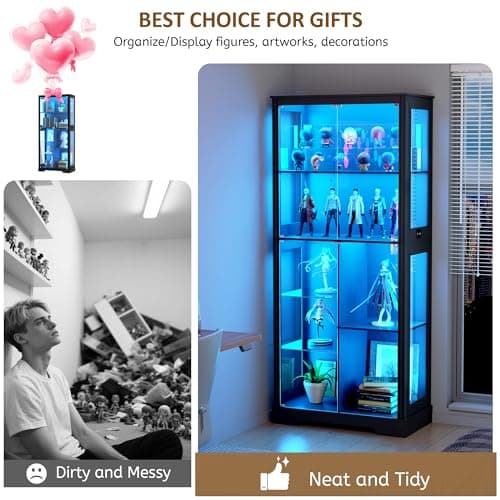 Lvifur 71” Display Cabinet with Glass Doors, Modern Curio Cabinet with 3 Color Lights, 7-Tiers Glass Display Cases for Collectibles, Tall Lego Storage Cabinet with Human Body Sensor (Black) 6